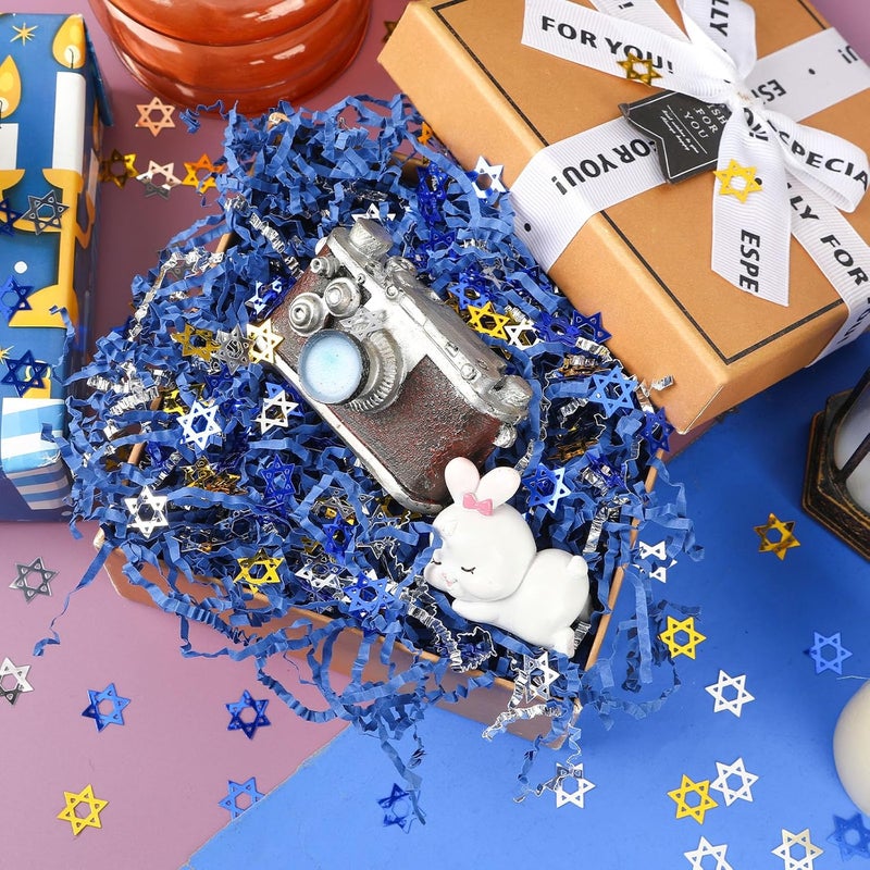 Jansun Hanukkah Blue Metallic Silver Crinkle Cut Paper, 115g/4oz Shred Filler with Gold Blue Silver Hexagrama Confetti for Gift Wrapping Craft DIY Basket Filling Chanukah Birthday Party Decorations - Image 4